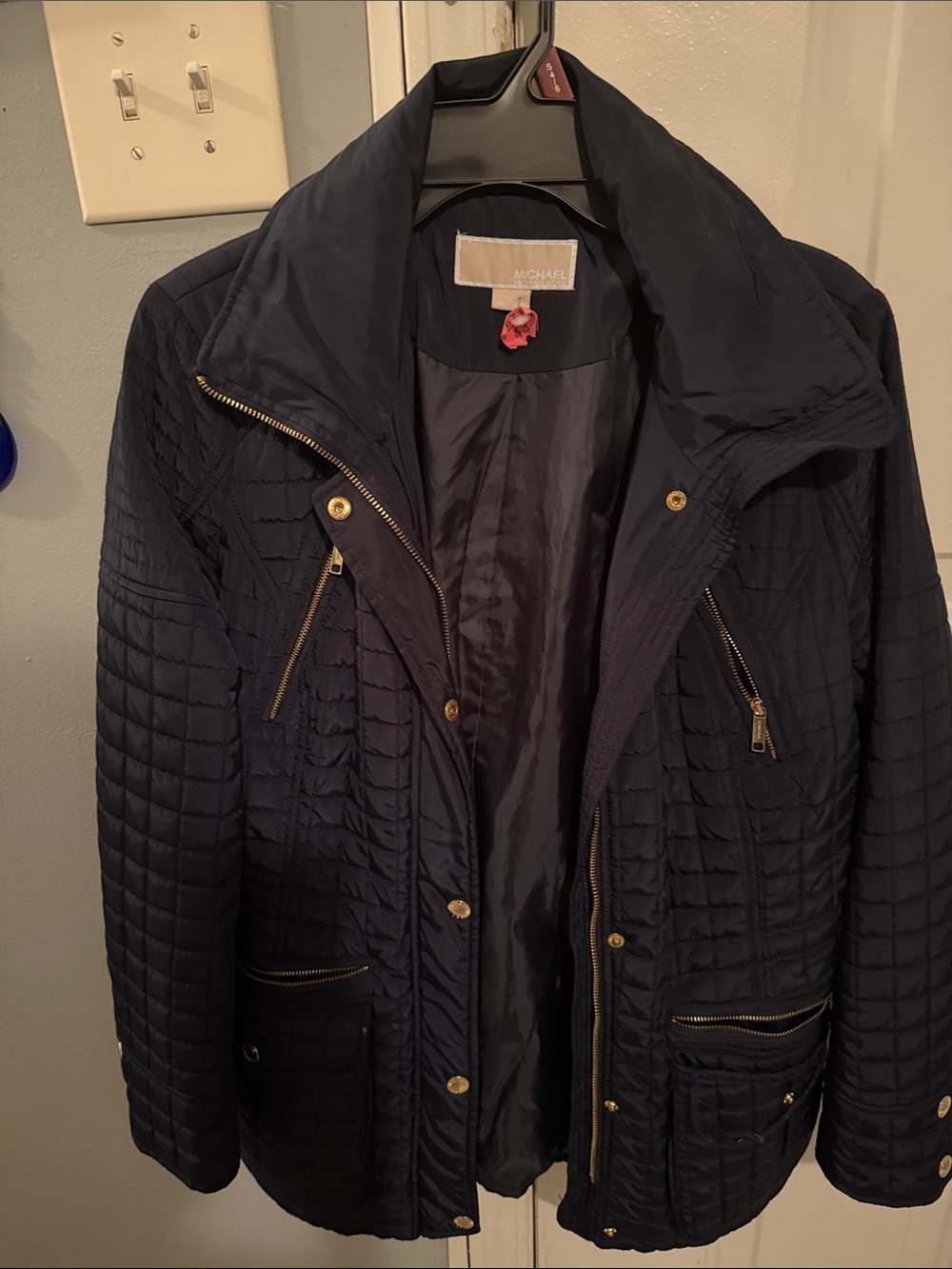Michael Kors Quilted Navy Utility Jacket with Gold Hardware with hood